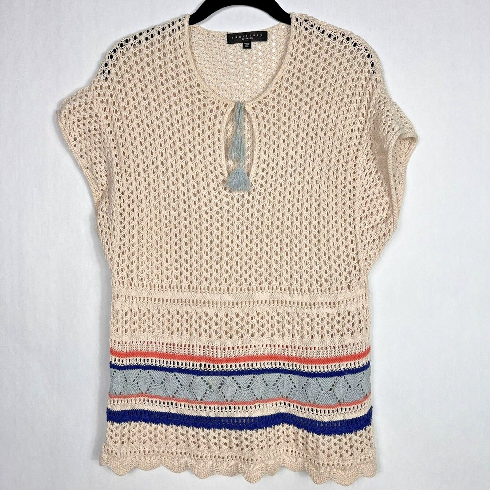 Sanctuary Swim Cover Up Womens Small Ivory Multi Boho Open Knit Crochet Top